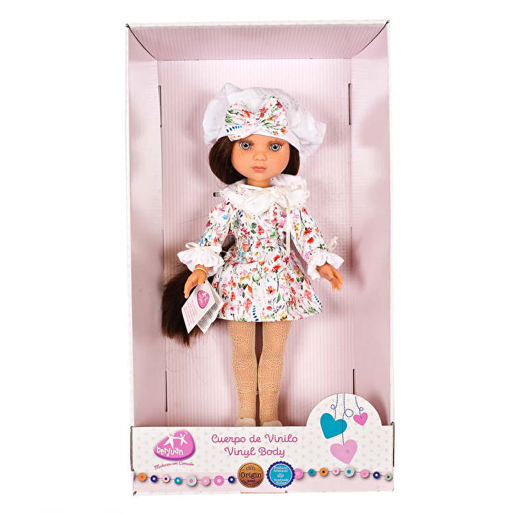 Лялька EVA castaña pelo largo vetido flores blanco 35 см BERJUAN (831)